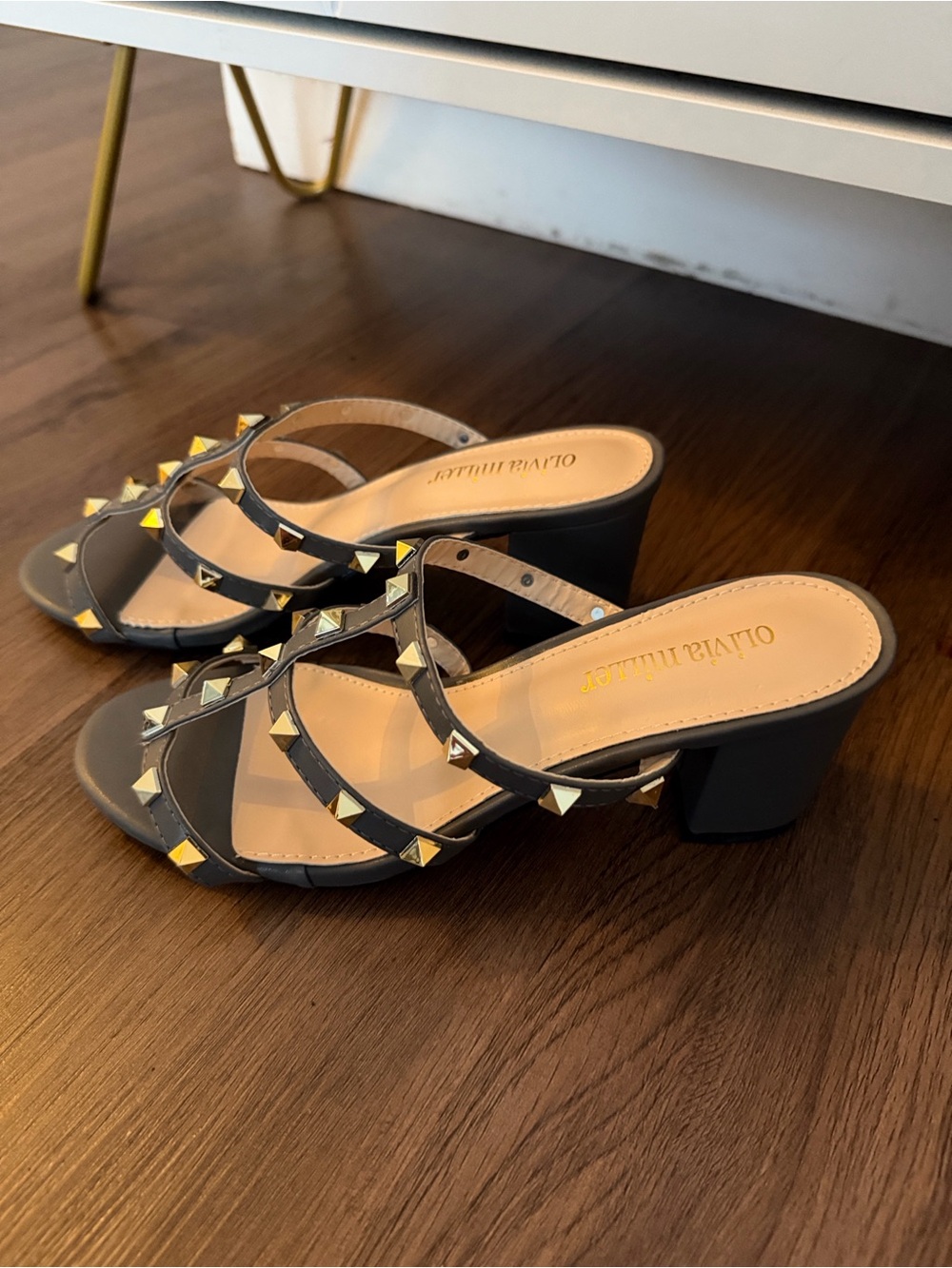 Studded Strappy Mule Heels in Gray - Women's